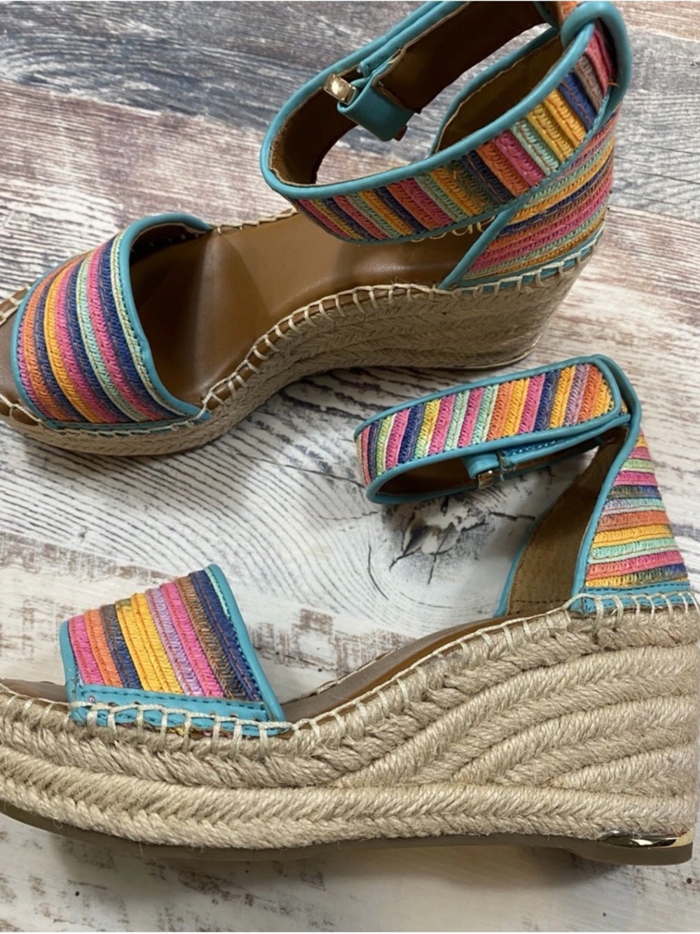 Franco Sarto Multicolor Stripe Wedge Espadrilles with Turquoise Trim
